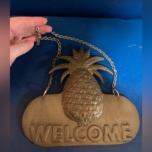Vintage Pineapple Welcome Brass Heavy Sign Decor Eclectic Midcentury